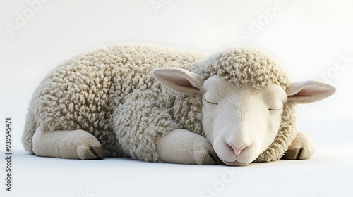 Adorable Plump Sheep Sleeping Peacefully in Detailed 3D Model Against White Background. photo