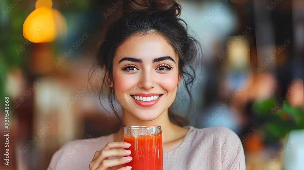 Young smiling Hispanic woman drinks red tomato juice in a vegan cafe, emphasizing the cafe's focus on fresh, plant-based offerings. Young smiling Hispanic woman drinks red tomato juice in a vegan cafe, emphasizing the cafe's focus on fresh, plant-based offerings.