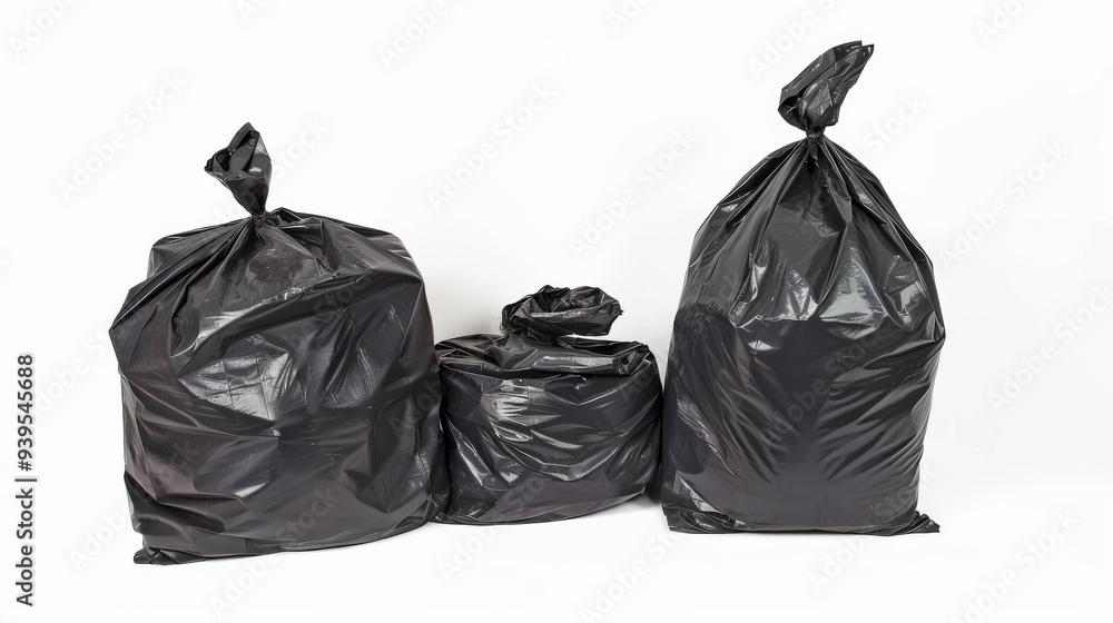 Black Trash Bags: A simple, yet essential, trio of black trash bags, neatly arranged against a white backdrop. This image evokes a sense of order and cleanliness, perfect for conveying a sense of rout Black Trash Bags: A simple, yet essential, trio of black trash bags, neatly arranged against a white backdrop. This image evokes a sense of order and cleanliness, perfect for conveying a sense of rout