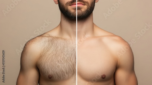 A man is divided in appearance, photo of male breasts before and after hair removal with wax, sugar, depilation, laser hair removal, sugaring