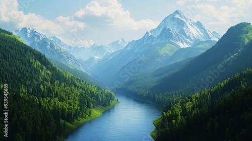 3D mountain valley with river and forest, 3D background, natural and serene