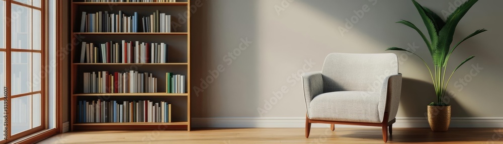 3D room with a cozy reading corner and bookshelves, 3D background room, warm and inviting 3D room with a cozy reading corner and bookshelves, 3D background room, warm and inviting