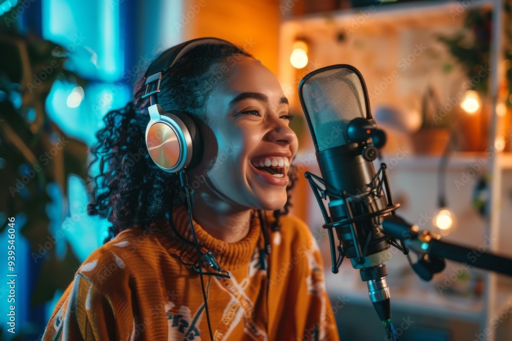 A young woman smiles joyfully while speaking into a microphone. Her headphones add a stylish touch. This scene captures the essence of broadcasting and creativity. Generative AI A young woman smiles joyfully while speaking into a microphone. Her headphones add a stylish touch. This scene captures the essence of broadcasting and creativity. Generative AI