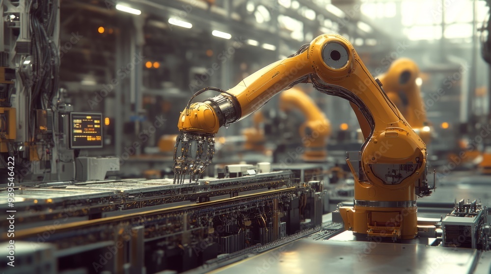 A robot arm performing a precision task in a manufacturing facility, showcasing the use of AI in automation. A robot arm performing a precision task in a manufacturing facility, showcasing the use of AI in automation.