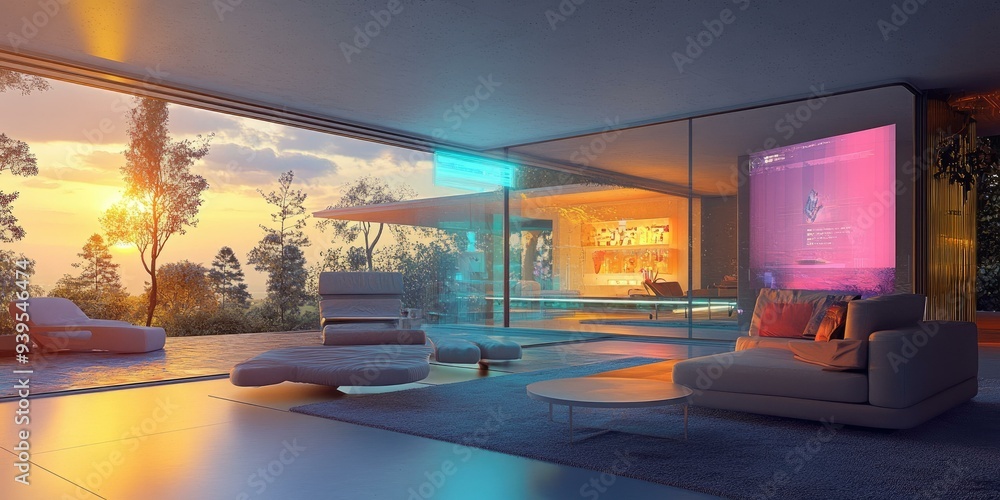 Modern living room with sunset view and couch. Modern living room with sunset view and couch.