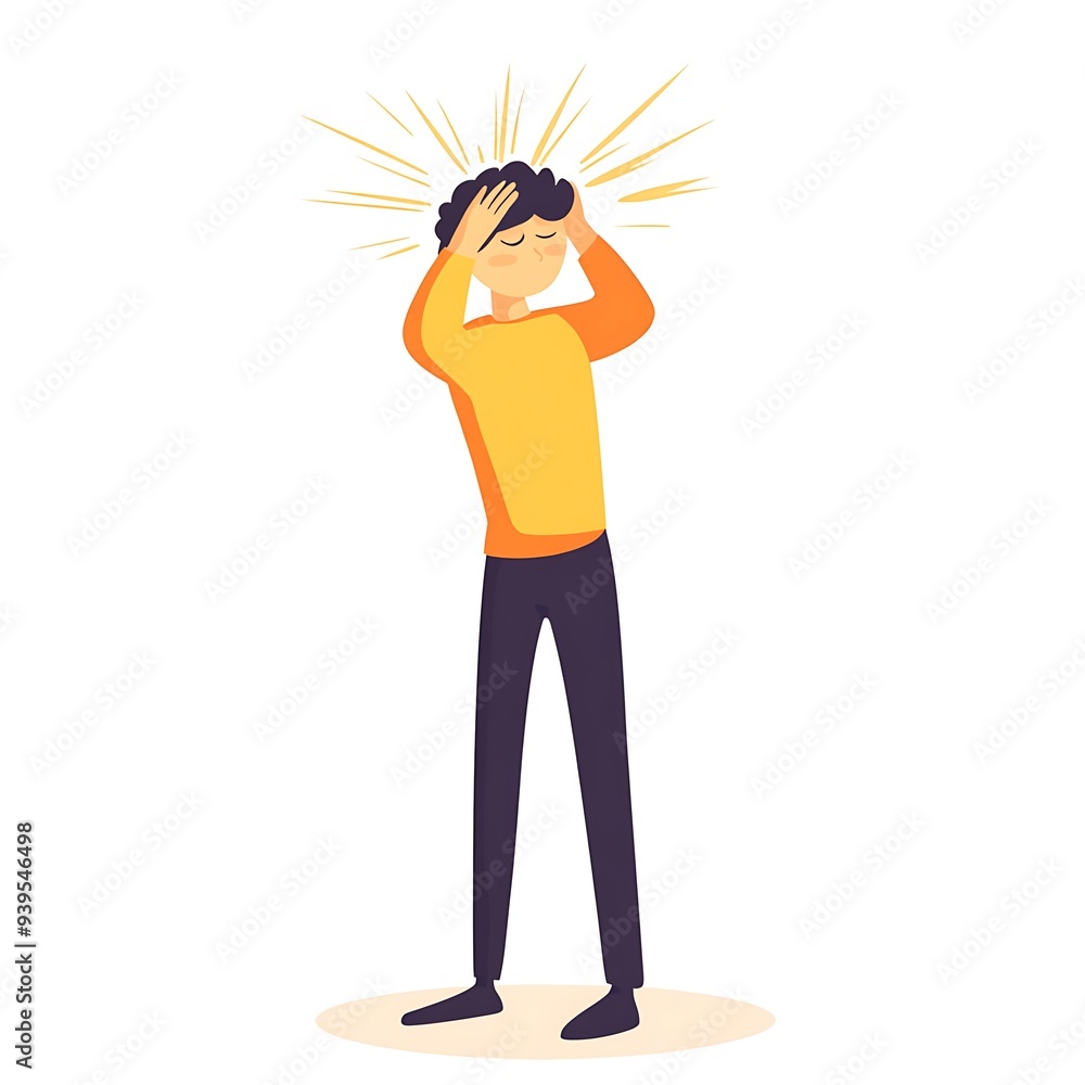 Cartoon Character with Migraine Pain, Covering Eyes from Bright Light - Health and Wellness Concept on White Background