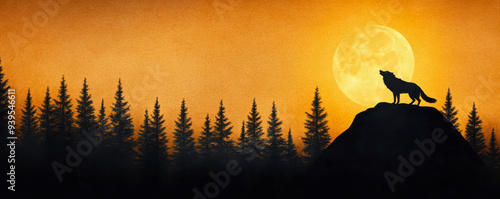 A wolf howls at the moon, its shadow against a simple forest background. photo