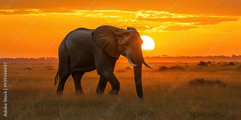 Fototapeta premium Elephant silhouetted against an orange sunset.
