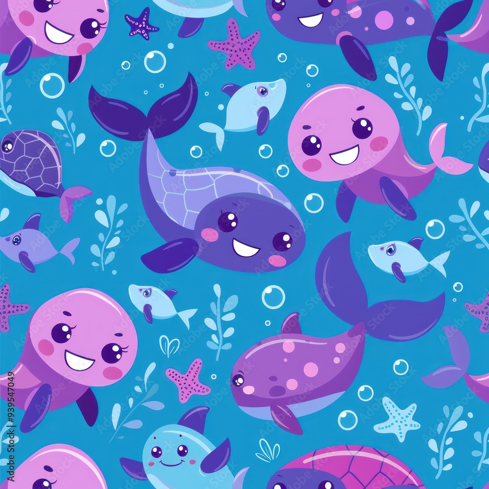 Sea Creatures Illustration with Cute Cartoon Whales, Turtles, and Fish Sea Creatures Illustration with Cute Cartoon Whales, Turtles, and Fish