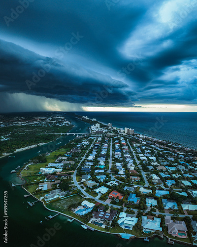 Aerial view of Heavy Storm front moving offshore over Coastal Town in Florida
