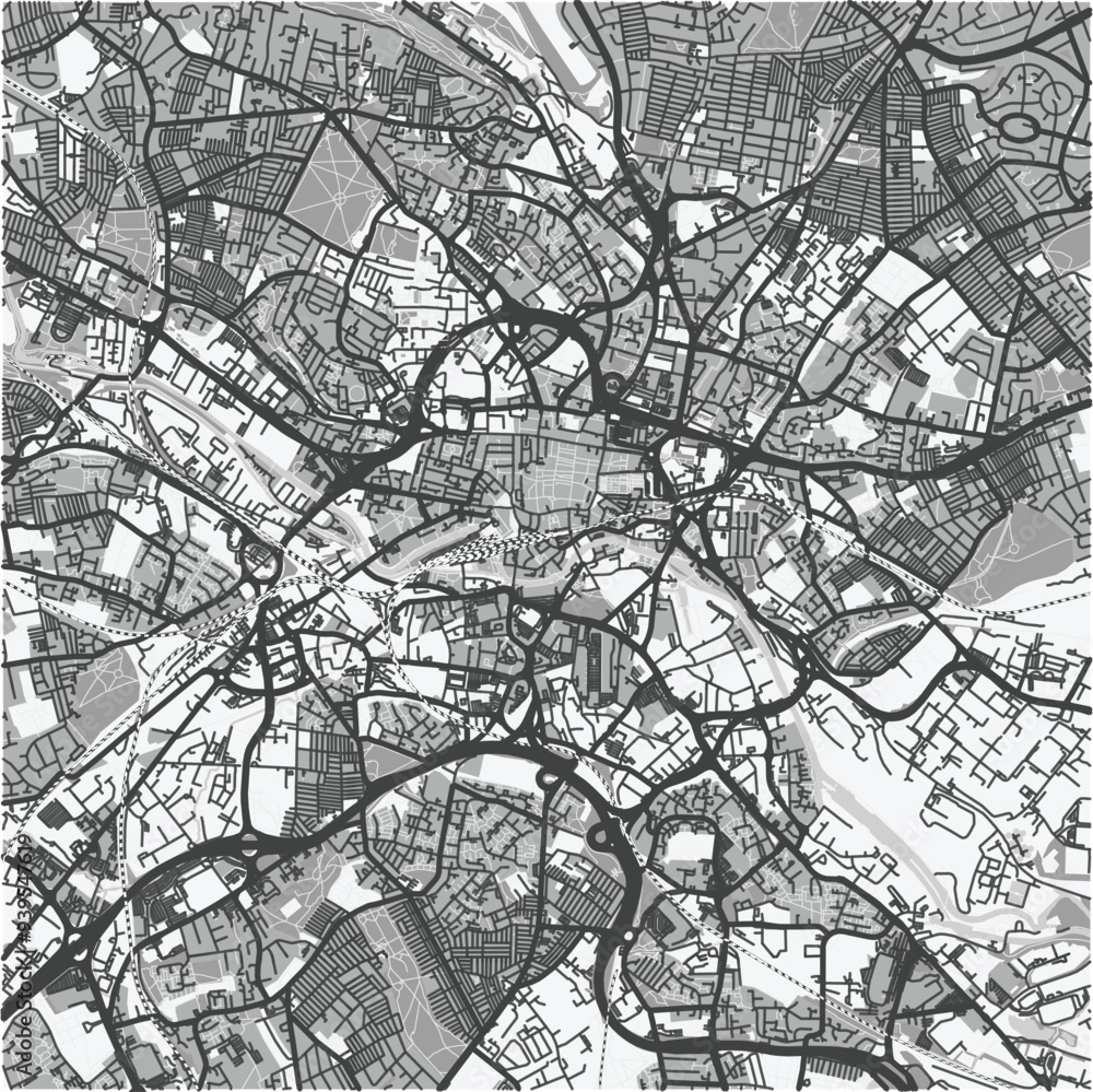 Map of Leeds in United Kingdom in grayscale. Contains layered vector with roads water, parks, etc. Map of Leeds in United Kingdom in grayscale. Contains layered vector with roads water, parks, etc.