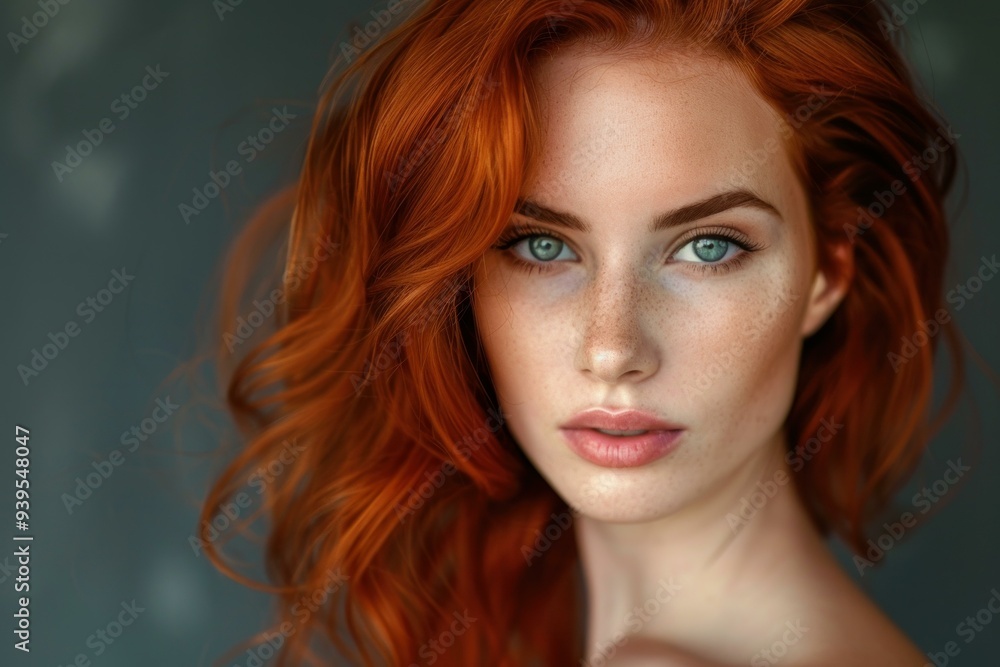 Stunning redhead model is posing in front of a dark background, showcasing her beautiful features Stunning redhead model is posing in front of a dark background, showcasing her beautiful features
