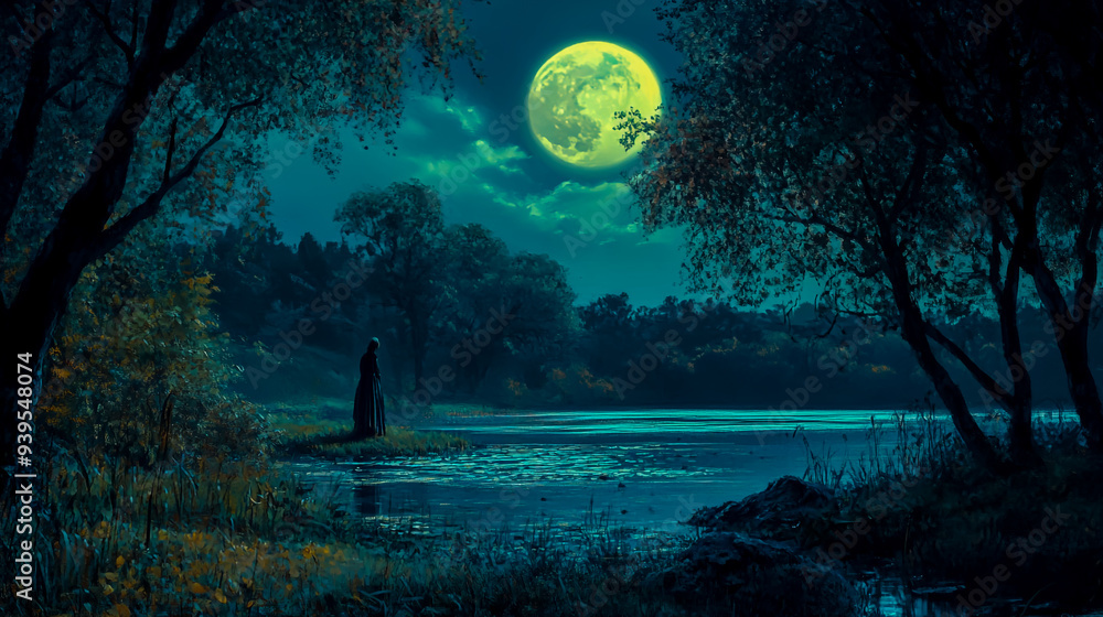 A bright full moon illuminates the night sky, casting a soft glow on a picturesque landscape of trees and water. A bright full moon illuminates the night sky, casting a soft glow on a picturesque landscape of trees and water.