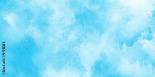 Sky blue Aquarelle paint paper textured canvas element, soft and lovely sky blue watercolor background with clouds, Sky clouds with brush painted blue watercolor texture, small and large clouds.