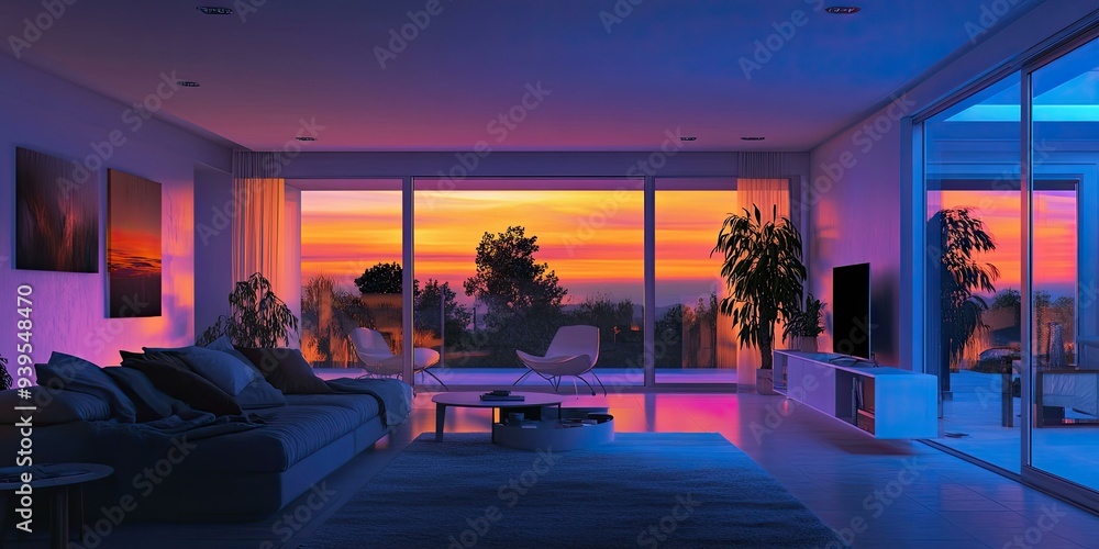 Modern living room with sunset view. Modern living room with sunset view.