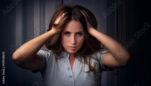 woman dark room hands head looking worried sad