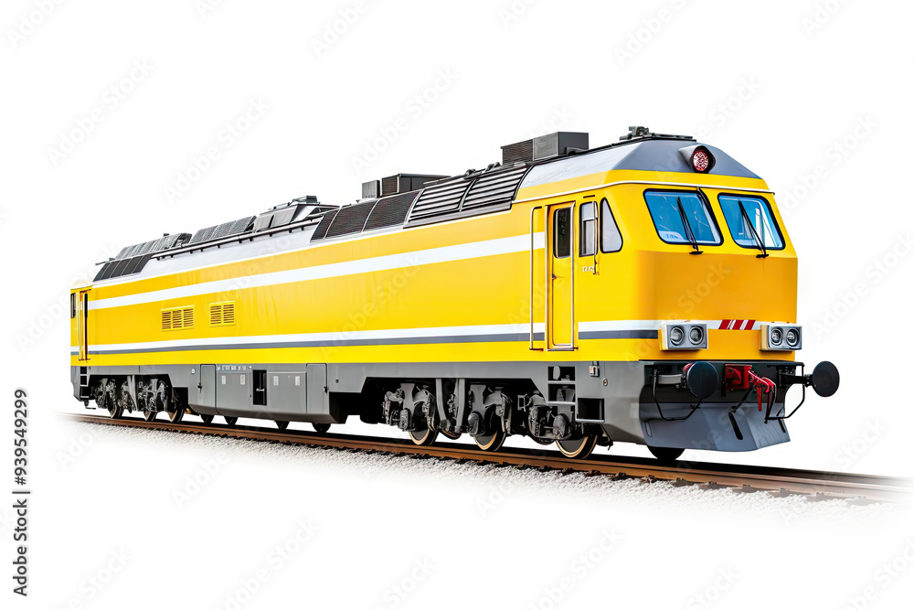 Yellow electric locomotive pulling a train of passenger railroad cars on tracks, symbolizing public transport and efficient land travel. Yellow electric locomotive pulling a train of passenger railroad cars on tracks, symbolizing public transport and efficient land travel.