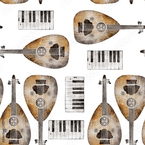 Watercolor seamless pattern with oud and piano. Arabic musical instruments hand drawn illustration. Arabic music vintage pattern photo