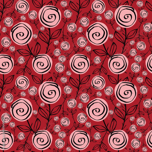 Stylized creative vibrant quirky expressive floral pattern in 60s in bright pink and red juicy colors photo