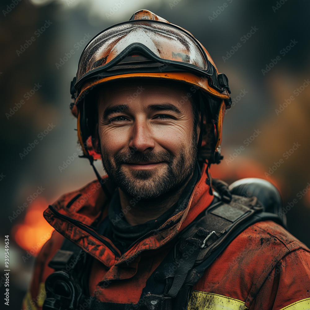 Close-up of a smiling bearded firefighter wearing a helmet and protective uniform. His expression conveys confidence and determination against a blurred background of fire
Close-up of a smiling bearded firefighter wearing a helmet and protective uniform. His expression conveys confidence and determination against a blurred background of fire