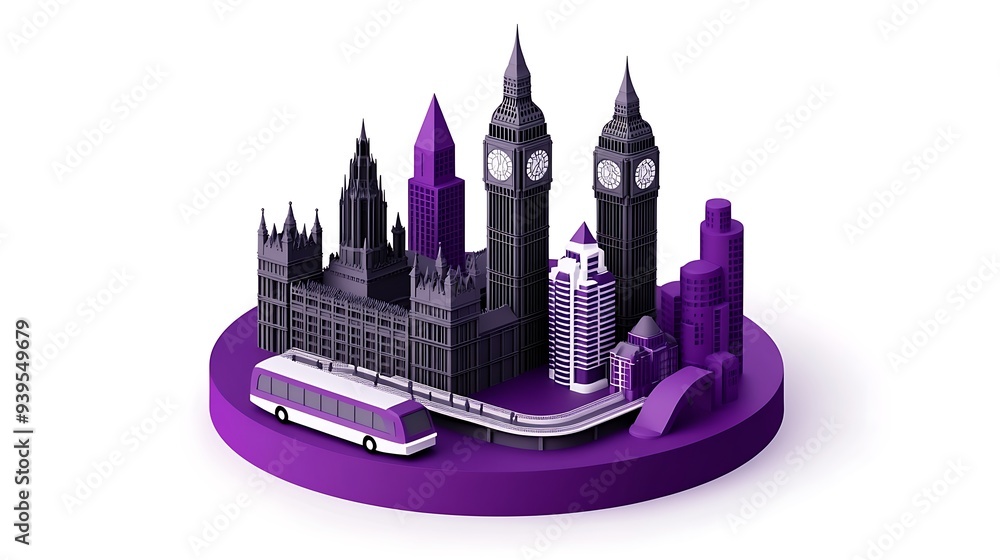 Obraz premium London Cityscape 3D Logo with Big Ben and Bus on Purple Base - Vector Illustration Design