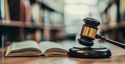 A gavel and book on a table, with a blurred background of an office or courtroom. photo