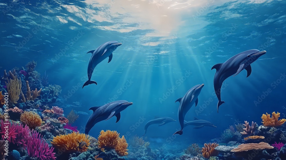 Obraz premium Dolphins Swimming in Coral Reef