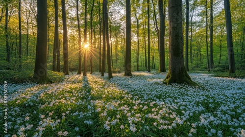 Sunlit Forest with Blooming Flowers
