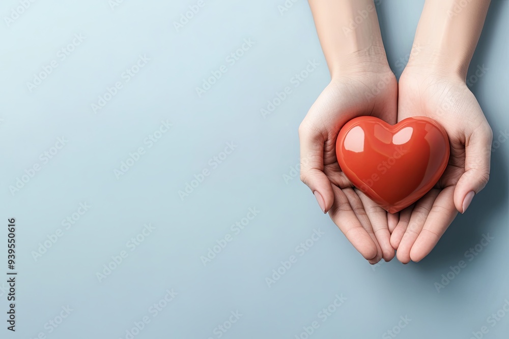 Close-up of female hands holding a red heart on a light blue background. Close-up of female hands holding a red heart on a light blue background.