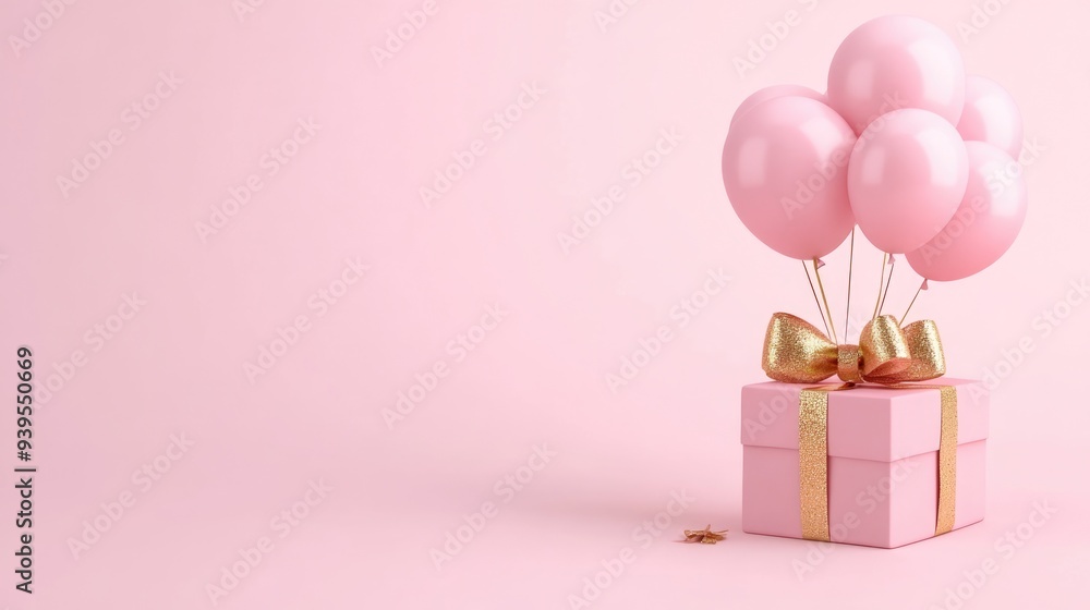 Elegant Social Media Box. Pink Balloons and Gift Box with Gold Bow for Promotion Banners and Posters Elegant Social Media Box. Pink Balloons and Gift Box with Gold Bow for Promotion Banners and Posters