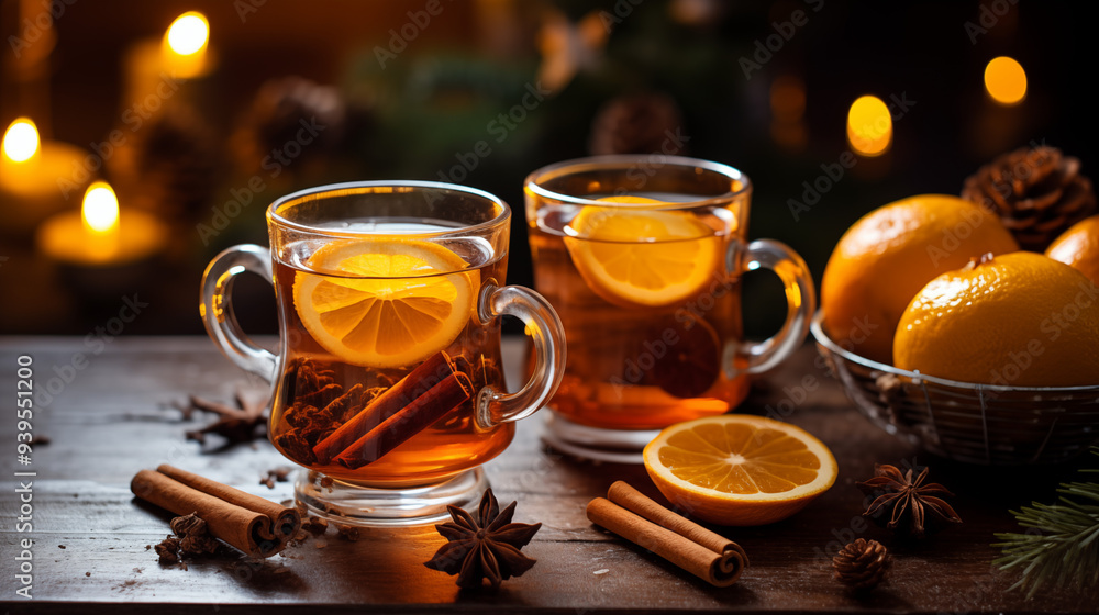 Holiday Spiced Tea With Cinnamon And Orange In Glass Mugs With Festive Decor Holiday Spiced Tea With Cinnamon And Orange In Glass Mugs With Festive Decor
