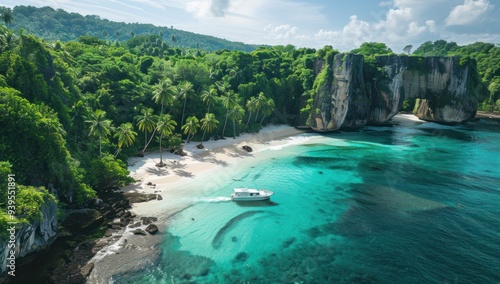 Tropical Paradise: A Boat Navigating Turquoise Waters