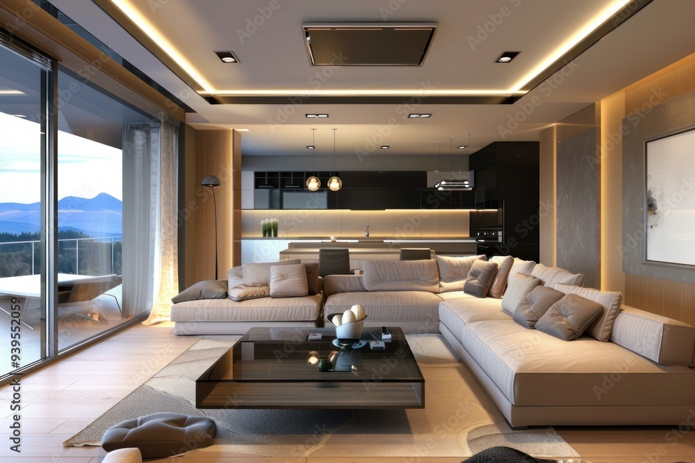 Modern, spacious, open plan living room with a large sofa, a coffee table and a balcony with a mountain view Modern, spacious, open plan living room with a large sofa, a coffee table and a balcony with a mountain view