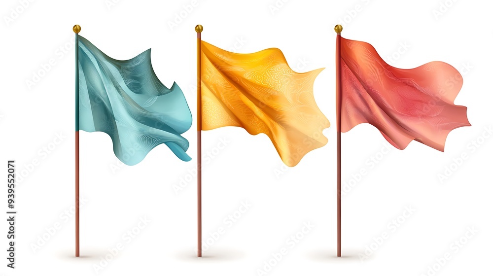 Vibrant Patterned Flags with Intricate Designs - Hyperrealistic Clipart Illustration on White Background Vibrant Patterned Flags with Intricate Designs - Hyperrealistic Clipart Illustration on White Background