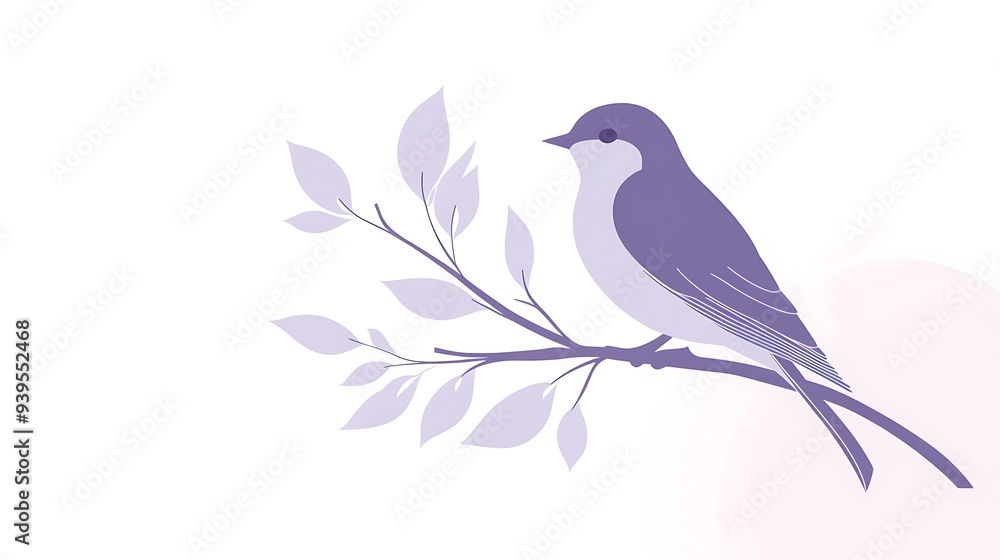 Fototapeta premium Elegant Bird Logo Vector Illustration on Branch - Purple and White Color Scheme | Clean Lines Design