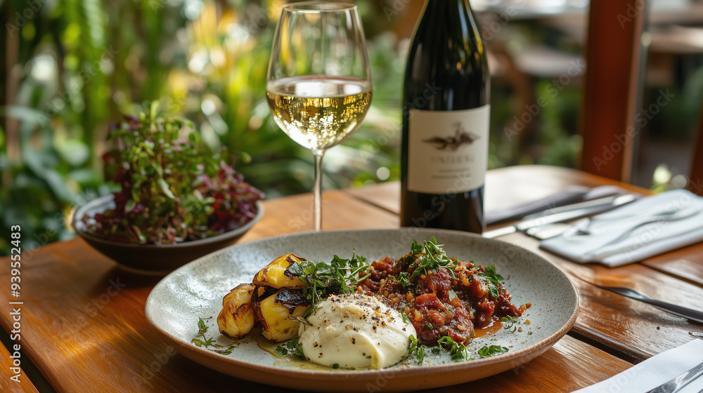 rustic plate of poached eggs and baked potatoes nestled in the lush gardens at Frontenac Winery, served alongside a wine bottle and a glass of white wine on the table. Professional food photography rustic plate of poached eggs and baked potatoes nestled in the lush gardens at Frontenac Winery, served alongside a wine bottle and a glass of white wine on the table. Professional food photography