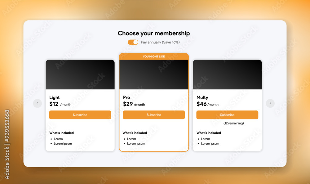 Pricing page template. App subscription plan interface. Application membership description. Light Pro Multy price on webpage. Price chart Vector illustration. Pricing page template. App subscription plan interface. Application membership description. Light Pro Multy price on webpage. Price chart Vector illustration.
