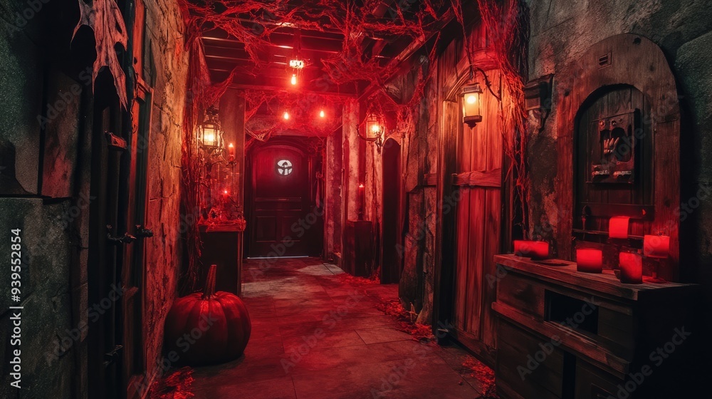 Fototapeta premium A Spooky Corridor with Red Lighting and Cobwebs