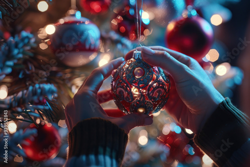 Person decorating sparkling Christmas tree with festive holiday ornaments and lights on Christmas Eve. photo