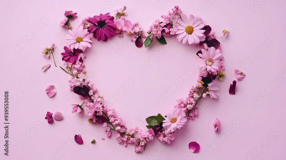 A heart shape made of pink flowers with scattered petals on a light pink background. A heart shape made of pink flowers with scattered petals on a light pink background.
