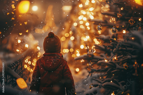 Winter wonderland scene with a person walking towards a brightly lit Christmas tree amidst snowfall. photo