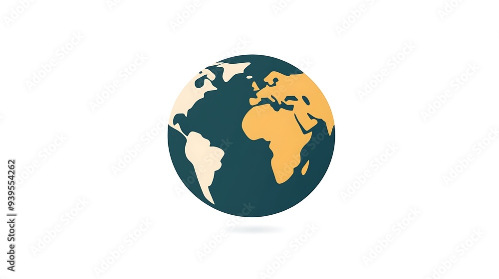Fototapeta premium Minimalist Flat Vector Globe Icon in Light Yellow and Dark Green Colors on White Background.