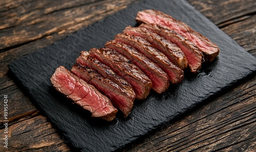 Sliced grilled steak on black slate board over wooden background.