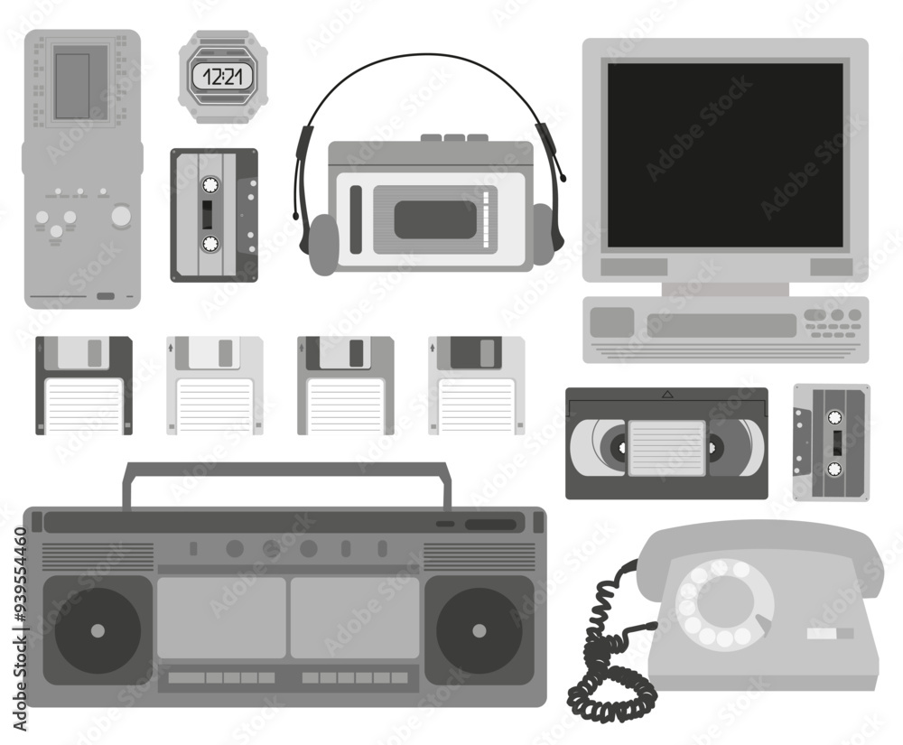 Obraz premium Classic black and white elements of the 90s in a modern style, flat, line style. Hand drawn vector illustration. Black and white illustration.