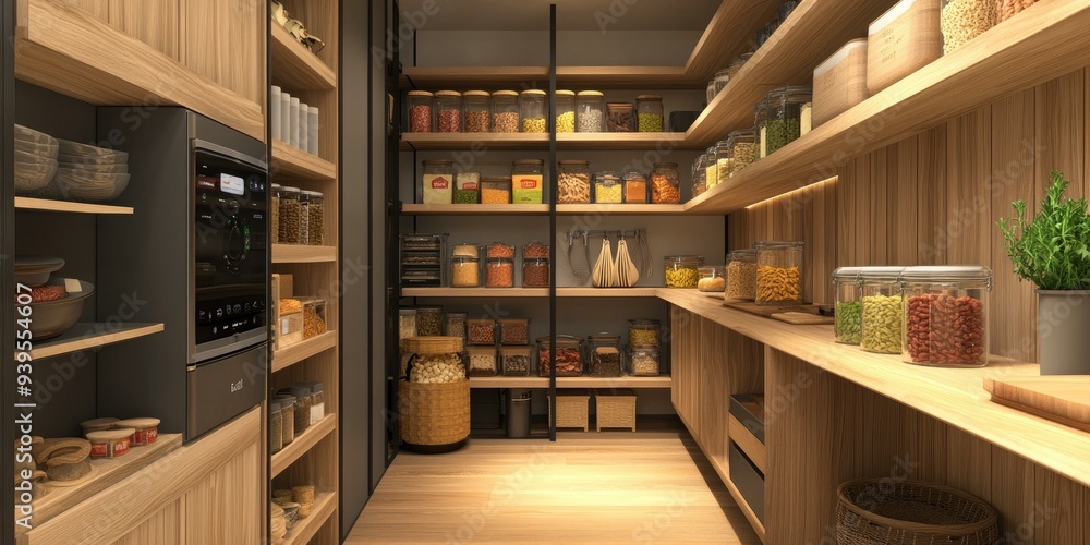 Organized pantry with wood shelves and glass jars. Organized pantry with wood shelves and glass jars.