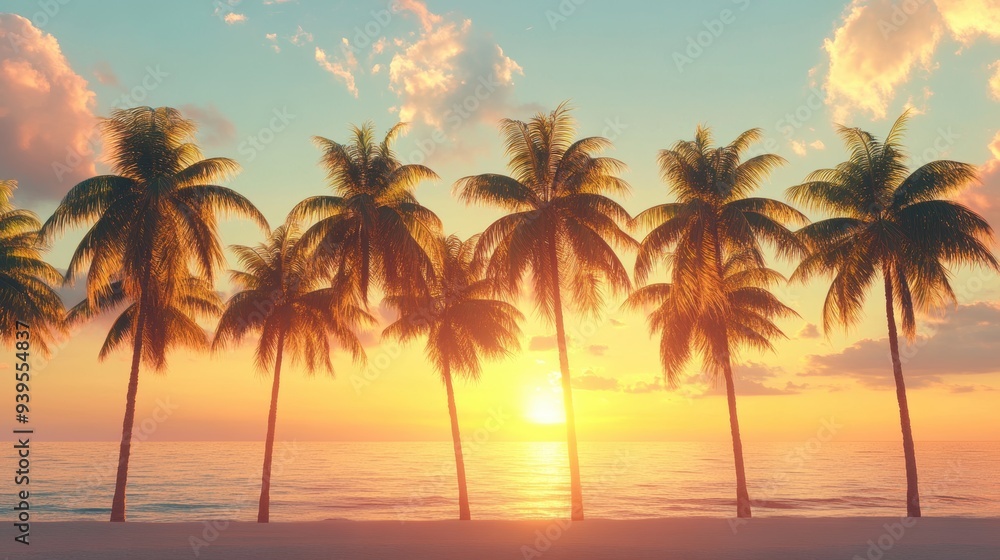 A serene beach scene at sunset with palm trees silhouetted against the colorful sky. A serene beach scene at sunset with palm trees silhouetted against the colorful sky.