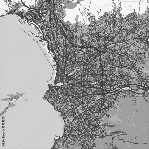 Map of Marseille in France in grayscale. Contains layered vector with roads water, parks, etc.