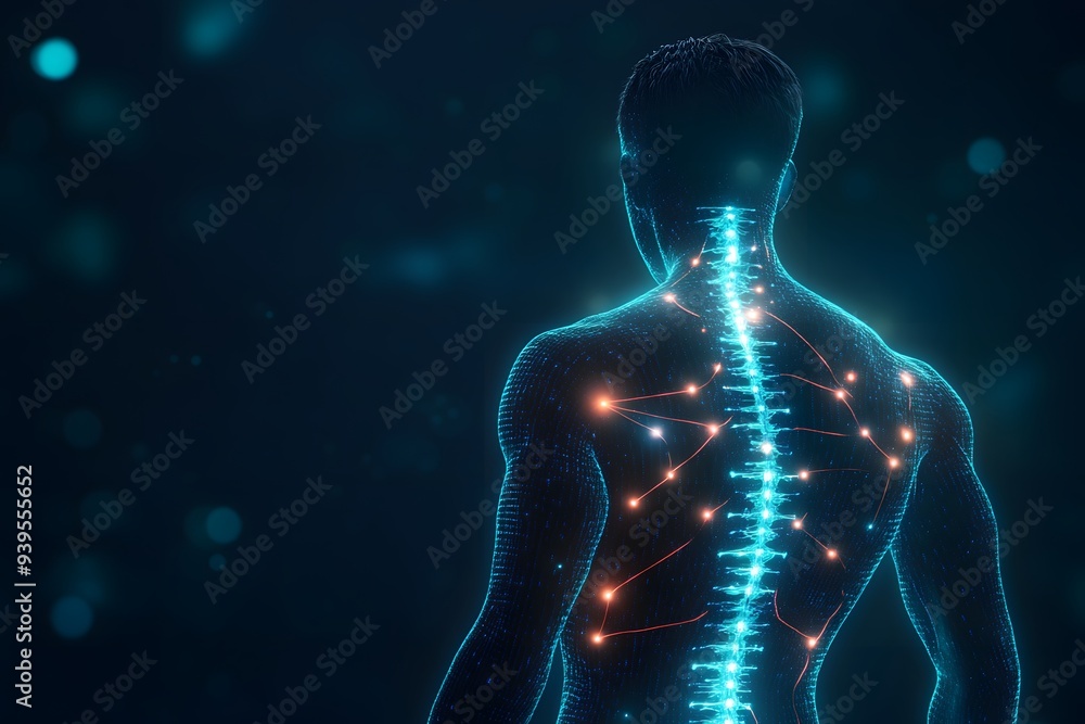 A glowing digital representation of the human spine and nervous system, highlighting complex neural connections with a futuristic aesthetic, set against a dark background. A glowing digital representation of the human spine and nervous system, highlighting complex neural connections with a futuristic aesthetic, set against a dark background.