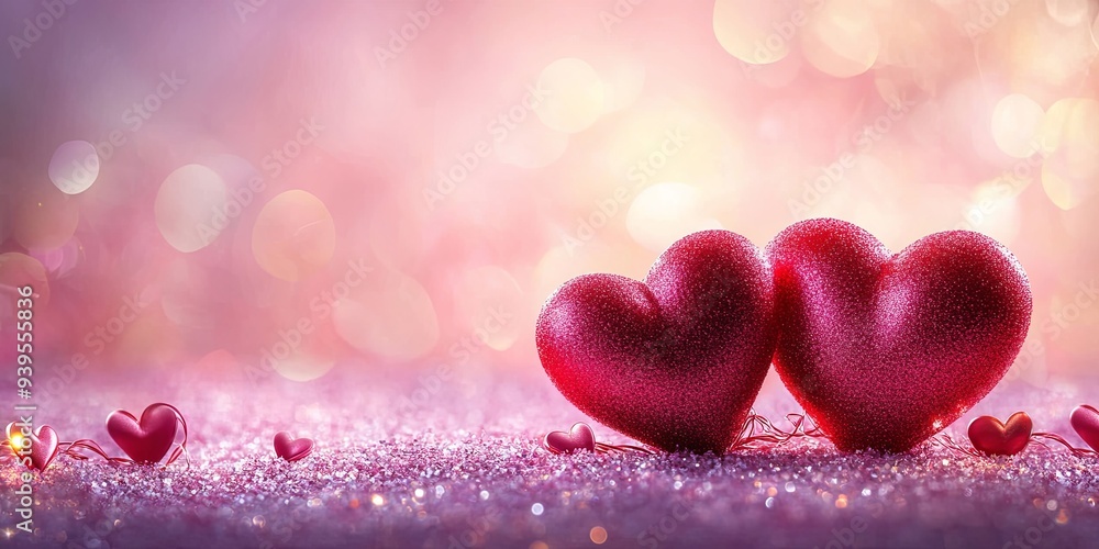 Two red heart ornaments on a sparkly pink background with blurred lights, a romantic symbol for Valentine's Day. Two red heart ornaments on a sparkly pink background with blurred lights, a romantic symbol for Valentine's Day.