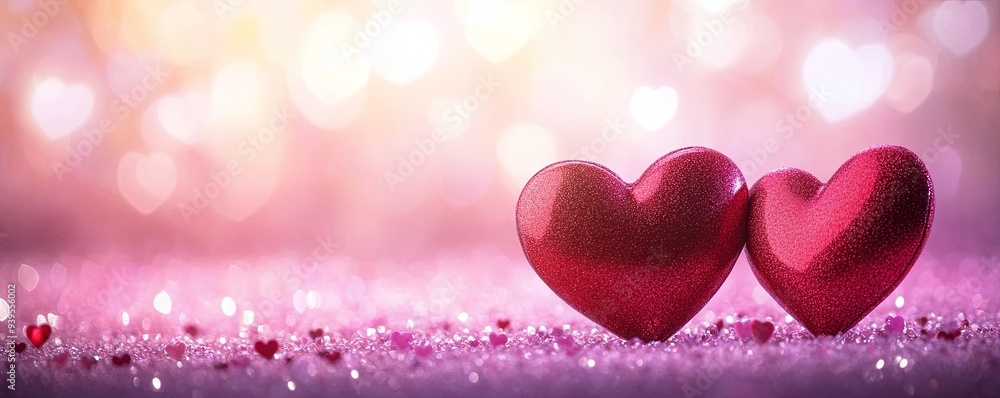 Two red hearts on a glittery surface with a bokeh background. Two red hearts on a glittery surface with a bokeh background.